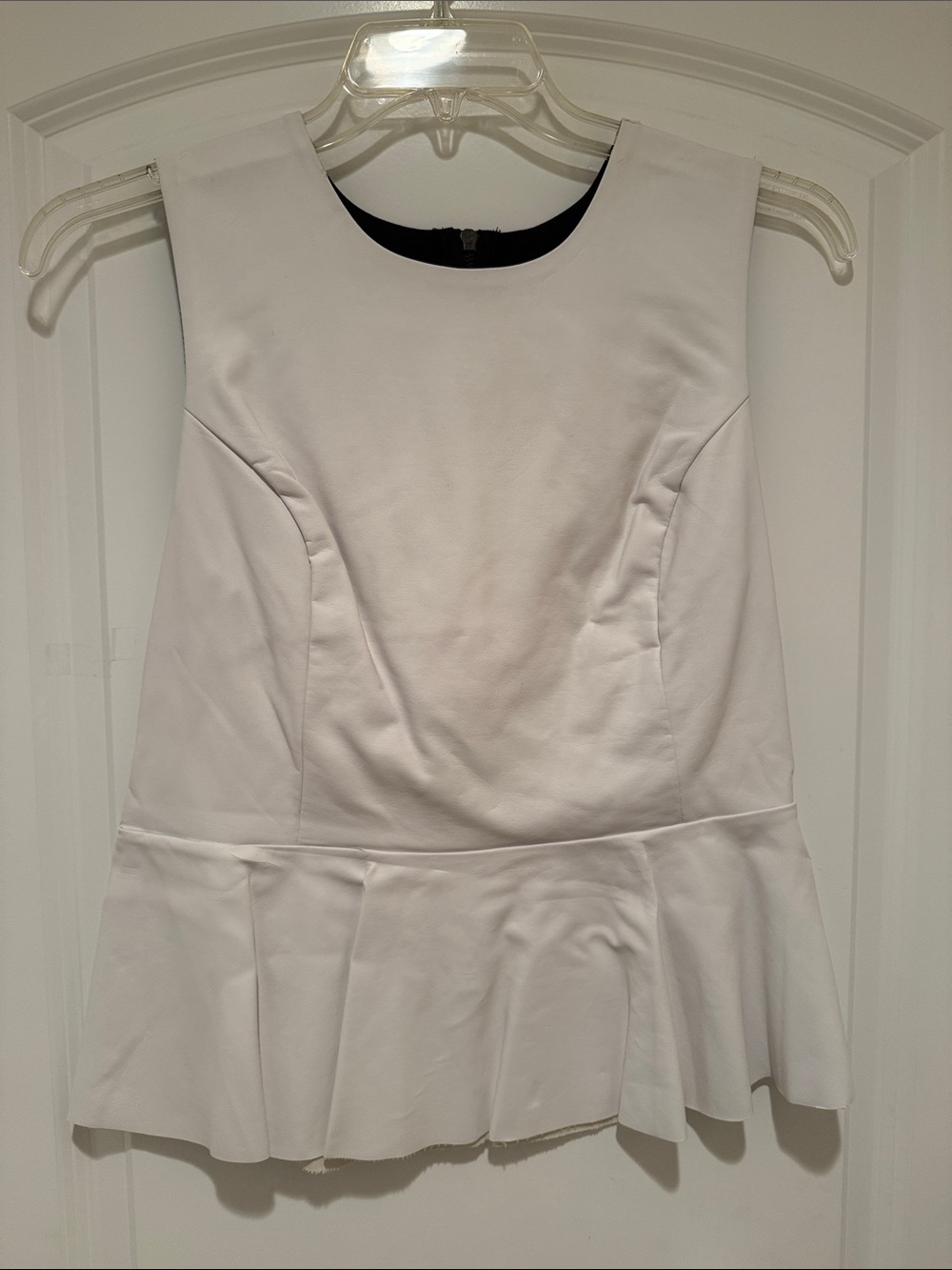 INC White Synthetic Leather Peplum Top- Classic Sleeveless Style